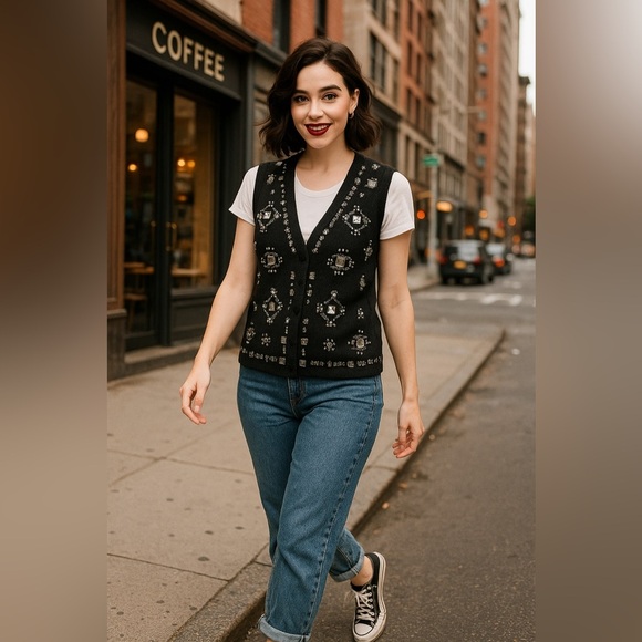 Vintage 90s SML Sport Black Knit Vest M Beaded Sequin Embellished Ramie Cotton - Picture 2 of 11